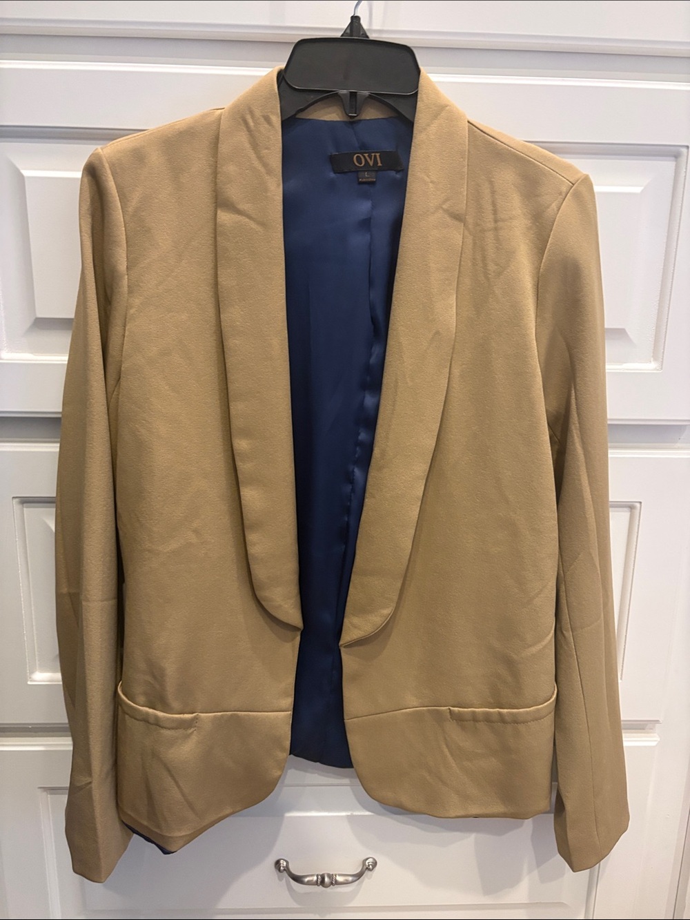 Ovi Tan Open-Front Blazer with Navy Lining